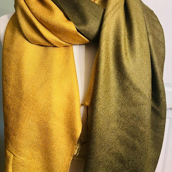 Silk & Pashmina Scarf – Golden Olive Elegance- NWT - Picture 9 of 14